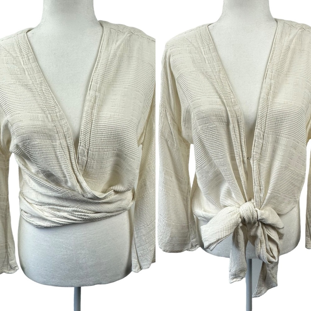 NSF Off‎ White X-Small P Long Sleeve Cardigan Wrap Top Textured Hook & Eye Tie